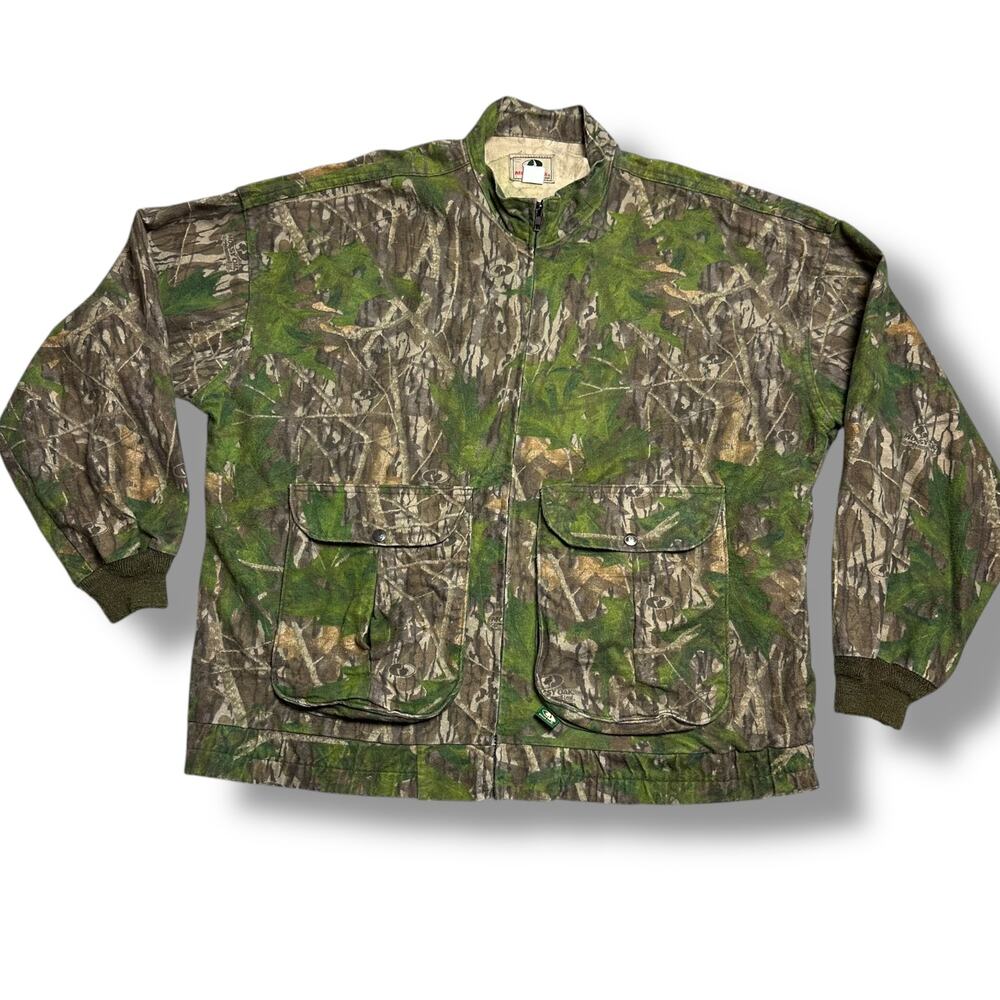Vintage 90s Mossy Oak Treestand Camo Hunting Jacket USA Made Cotton Flannel XXL